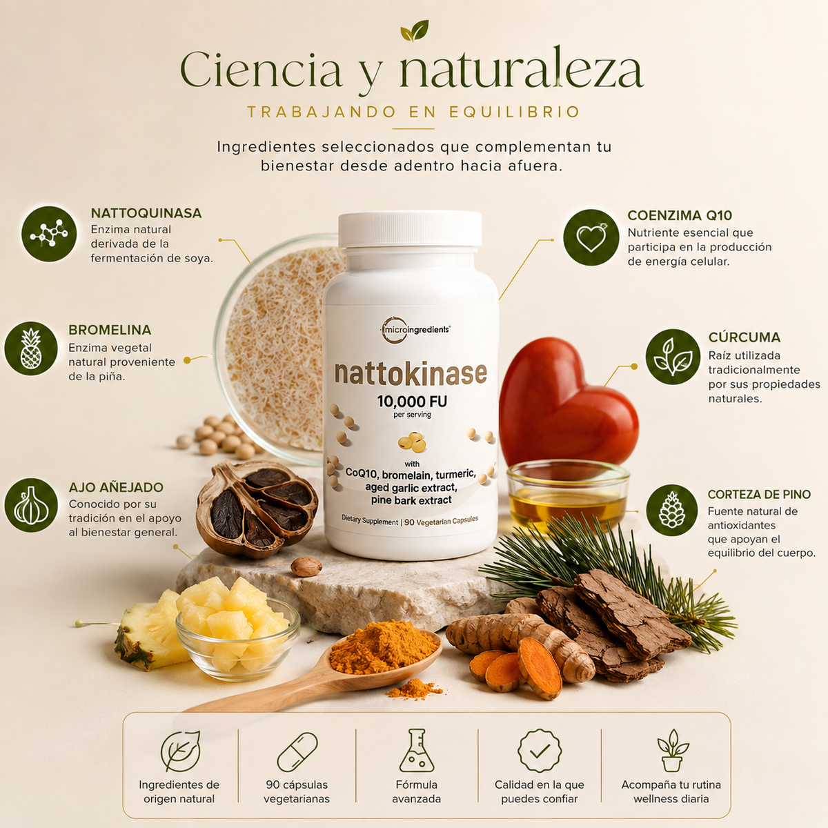 Frasco de cápsulas Nattokinase con CoQ10 para energía y equilibrio - JM Essential