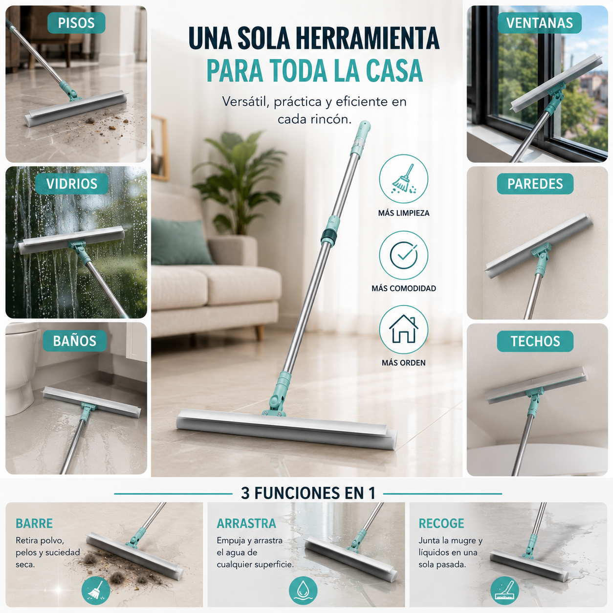 Escurridor Mágico 3 en 1: Arrastra agua, pelos y mugre sin agacharte